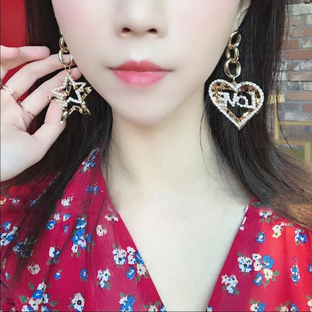 Asymmetrical Gold Heart and Star Drop Earrings